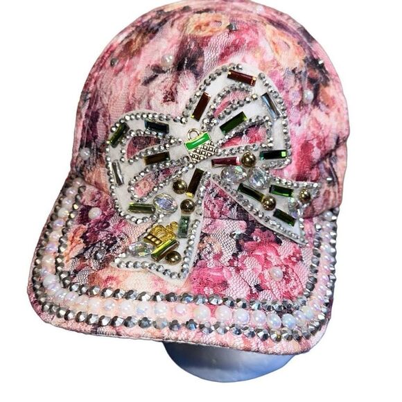 Leader LOGA distressed embellished hat crystal cross flower pattern  denim - Picture 1 of 7